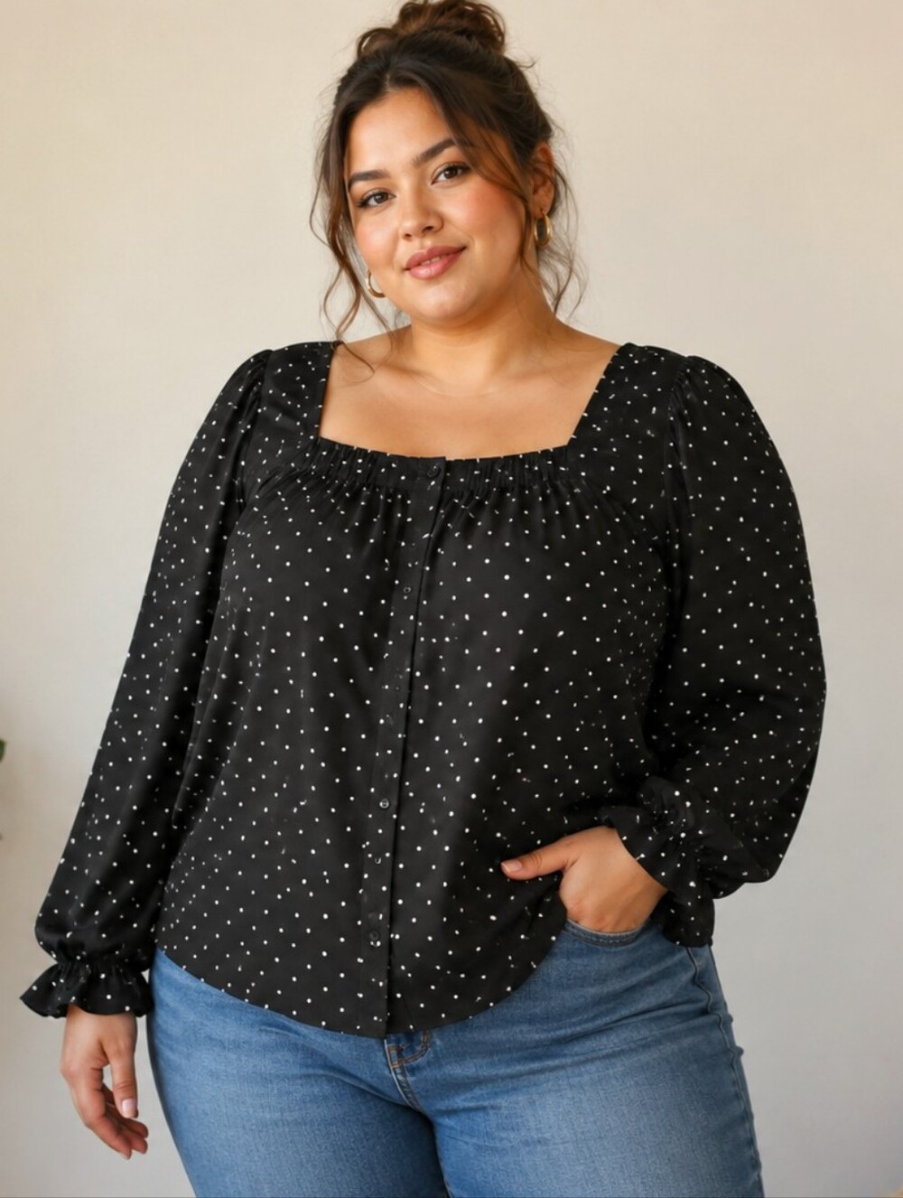 Ricki’s Black White Polka Dot Button Front Blouse | Size XL